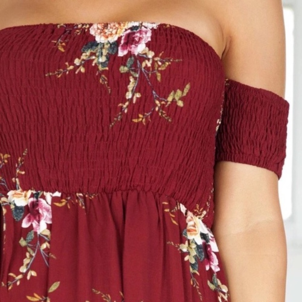 Off Shoulder Smocked Floral Dress Red - Picture 4 of 8